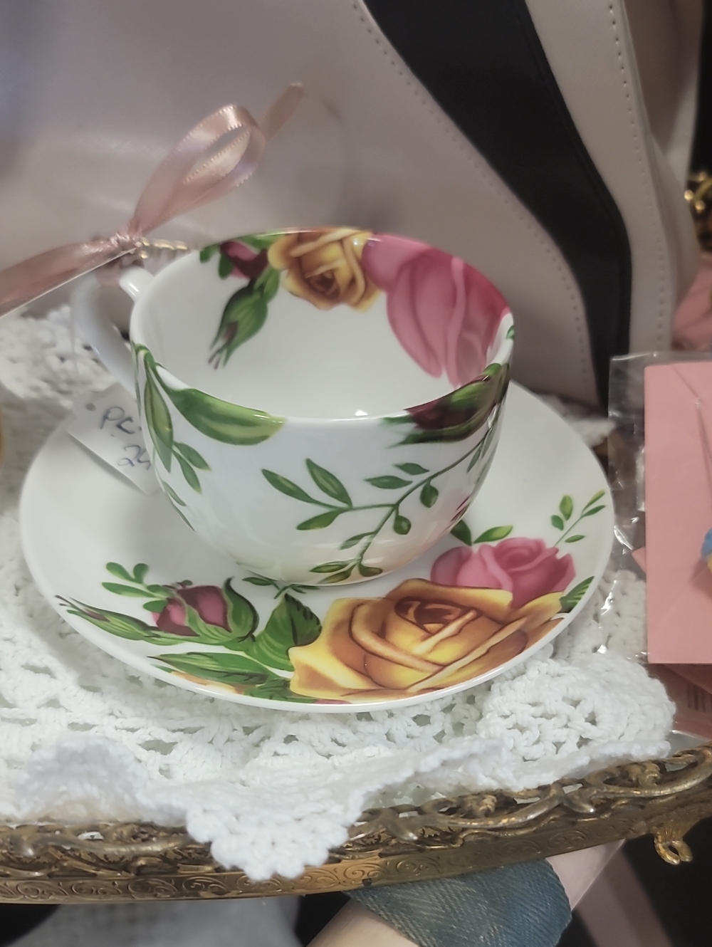 Royal Albert Rose-Pattern Bone China Teacup & Saucer in Pink and Yellow